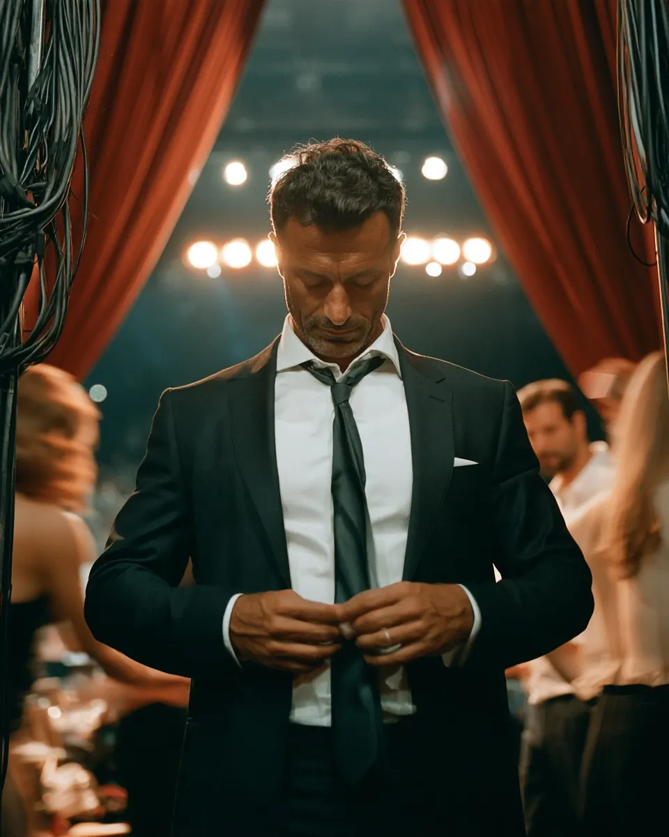 A presenter getting ready backstage