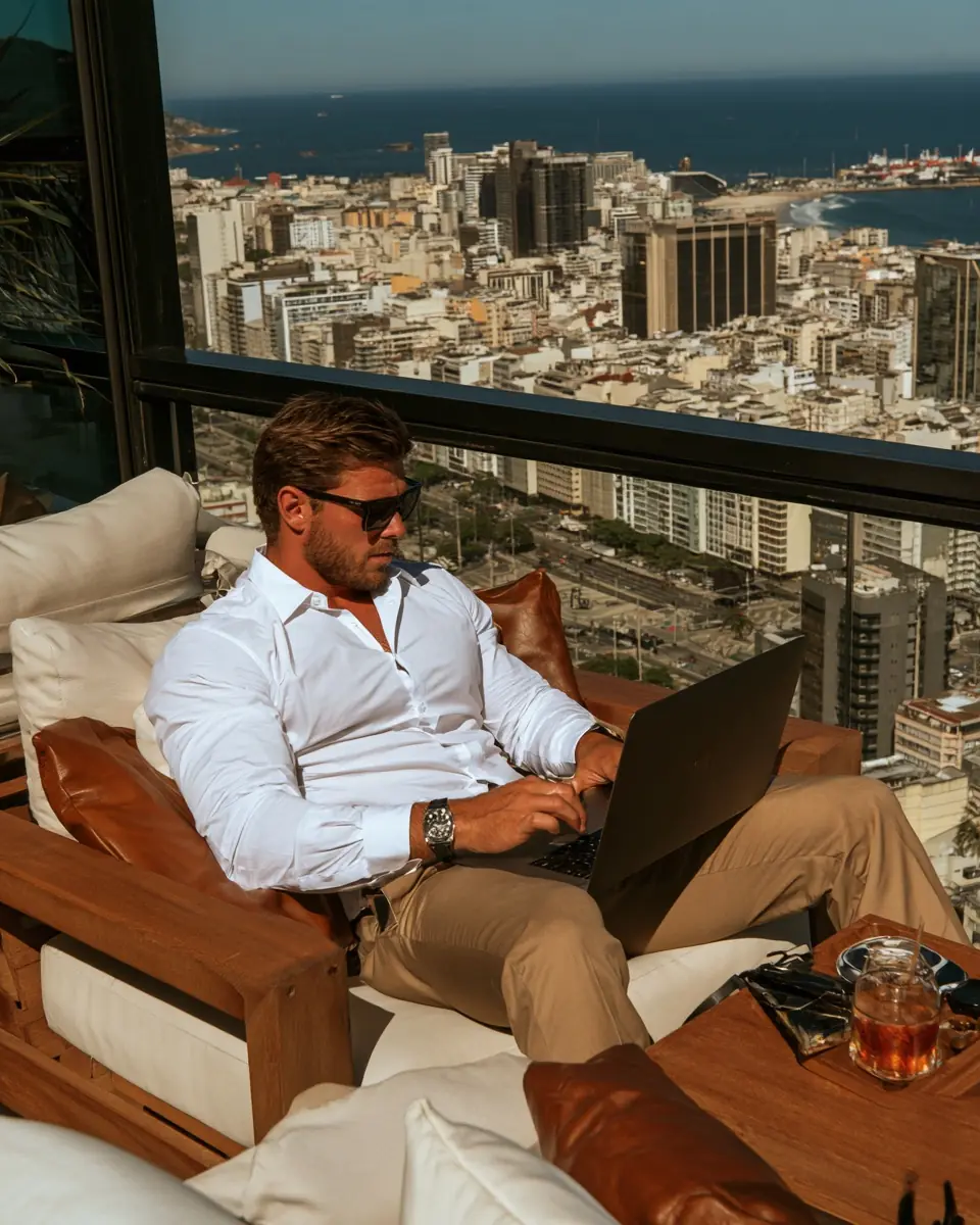 A leader working on a laptop on a balcony above the city